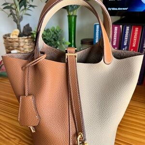 Two-Tone Brown and Cream Leather Tote